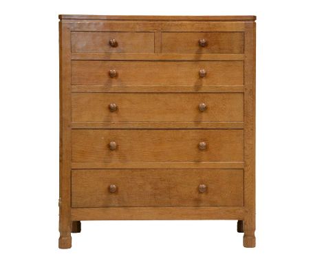 Robert 'Mouseman' Thompson of Kilburn, an oak chest of drawers, with raised upstand above two short over four long drawers, t