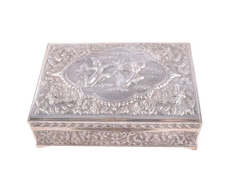 Sterling cigar/jewel box, stamped Sterling Made in Siam, embossed and chased decoration, wooden lined, 23x15.5cm, in original