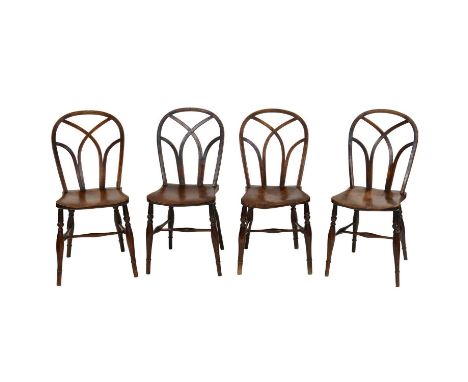 Set of four Victorian elm and ash country made chairs, with Gothic arched hoop backs, turned legs and rails, width 40cm, heig