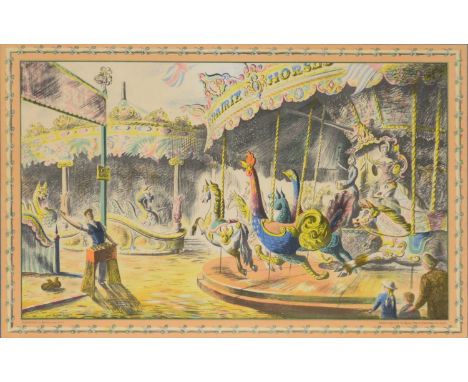 After Barbara Jones,Fairground,Baynard Prints for Schools lithograph,49x75cm.