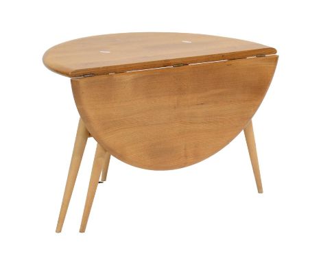 Ercol, drop-end coffee table, semi-circular form with drop leaf to make it a full circle, raised on spindle supports, width 6