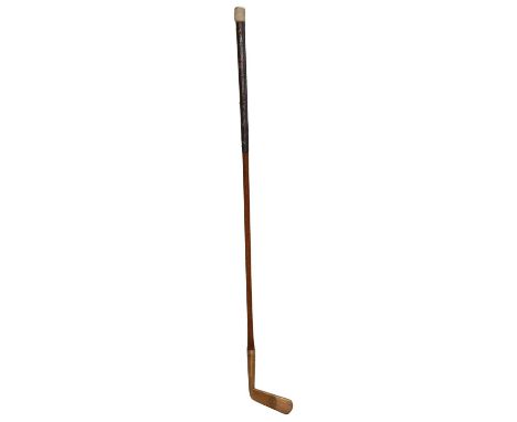 Hickory shafted golf putter, R Forgan of St Andrews, 89cm,a walking stick with golf club grip, and a bamboo golf club with si