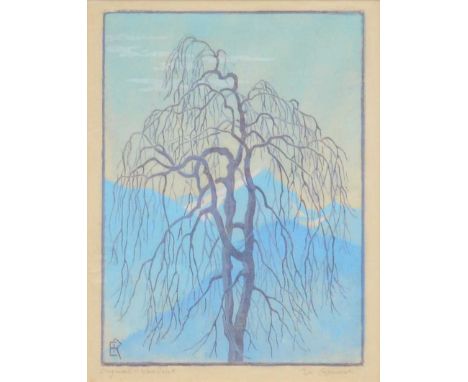 Eva Roemer,Willow tree,colour woodcut, signed,30x23cm.