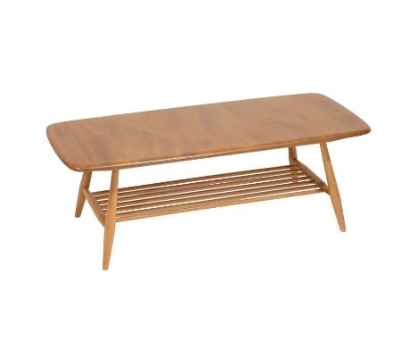 Ercol light elm coffee table, magazine rail under-tier, length 105cm, width 46cm.