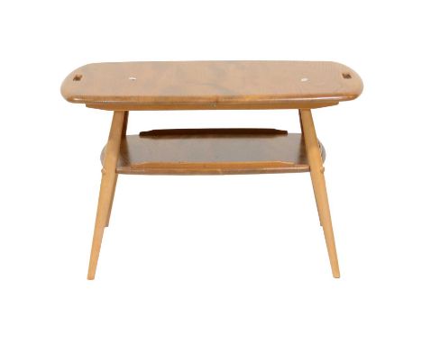 Ercol, a Butler's Tray Table, rounded rectangular top with cut finger holes, on tapering spindle supports joined by a gallery