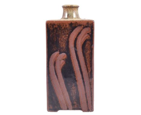 Phil Rogers,Square section bottle,stoneware, tenmoku glaze over oatmeal glaze, with a finger wipe design,artist's seal, 23.5c