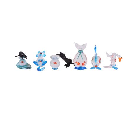 Six small Murano glass novelty animal figurines, to include a black cat with a goldfish bowl; black cat on a goldfish bowl; g