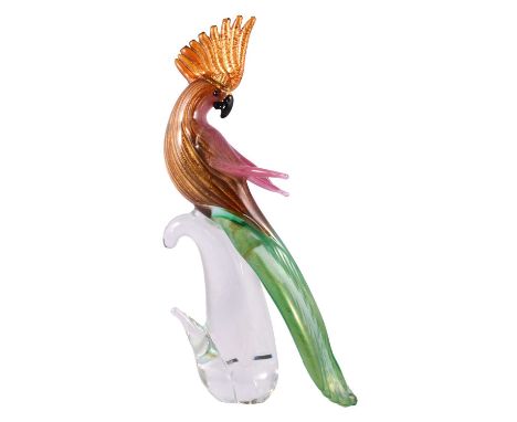 Fornace Mian, a Murano glass Bird of Paradise/ Parrot, gilt aventurine coloured glass, with sweeping green glass tail feather