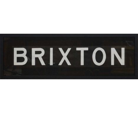 London Bus Destination Blind - BRIXTON - white capital font against black paper ground, mounted and framed, overall 26.5x81cm