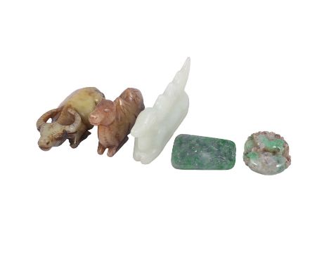 Two Chinese jade pendants, 6cm and 5.5cm, jade deer, water buffalo and a hardstone camel.Qty: 5