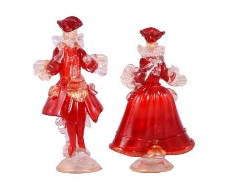 Fabiano D'Este, a pair of Murano glass figures, designed as male and female courtesans, in ruby and gilt aventurine glass, si