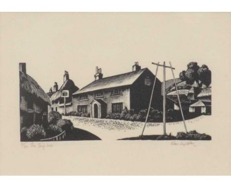 Clare Leighton,The Ship Inn,signed and numbered 2/30, wood engraving,6x12cm,and Leon Underwood, Mole and Dove, wood engraving