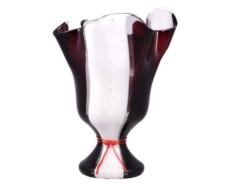 Licio Zanetti, a large Murano glass vase, formed as a tied handkerchief, with broad white and aubergine coloured bands, the t