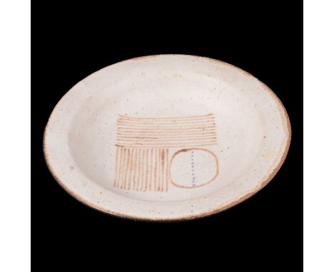 Guido Gambone, Italian mid-century stoneware bowl, allover oatmeal glaze, the well with linear design, signed 'Gambone Italy'