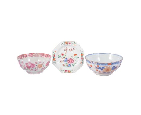 Chinese famille rose bowl, floral decoration, unmarked, diameter 24cm, famille rose plate and a blue and red bowl.  Qty: 3  C