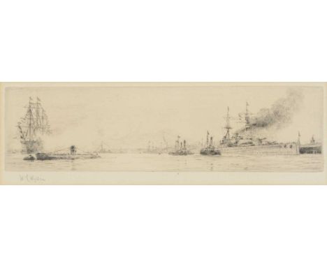 William Lionel Wyllie,Renown at Portsmouth,monochrome etching, signed,impression 8x30cm.