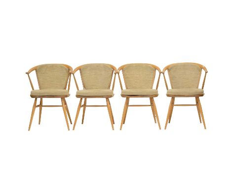 Ercol, four 'Cowhorn' dining chairs, beech and elm, with oyster-shaped seat cushions and matching back pads, width 55cm, dept