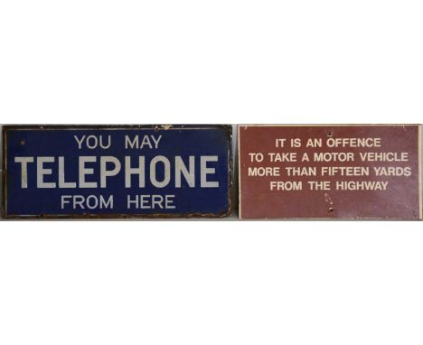 Vintage enamel 'YOU MAY TELEPHONE FROM HERE' double sided sign, white text on navy ground, width 56cm, height 24cm; and anoth