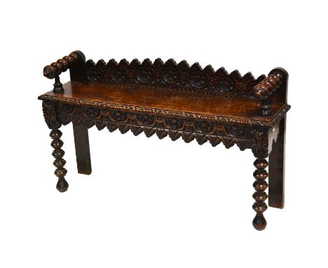 Victorian carved oak hall bench, carved back with turned hand rails, bobbin turned legs, width 122cm, depth 31cm, height 70cm