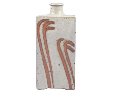 Phil Rogers,Square section bottle,stoneware, matt bone ash glaze, with a finger wipe design,artist's seal, 23.5cm.Condition r