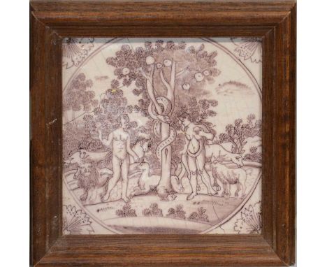 Eight 18th Century Dutch blue and white painted pottery tiles, various scenes, in three frames, and one monochrome tile, fram