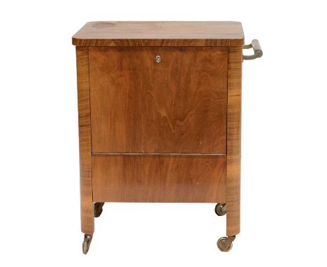 Art Deco walnut drinks cabinet, hinged lid and door with fitted interior, metal handle, on casters, 49x40cm, height 64cm.  Co