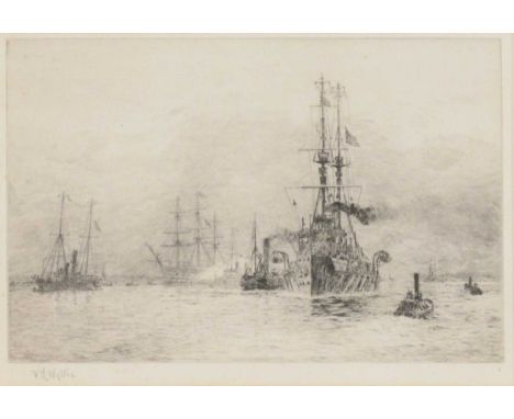 William Lionel Wyllie,Natal at Portsmouth,monochrome etching, signed,impression 16.5x25cm.