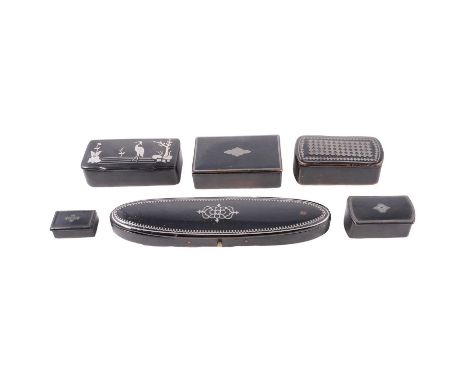Collection of 19th century papier mache inlaid snuff boxes, including a rectangular box inlaid with white metal to the cover 