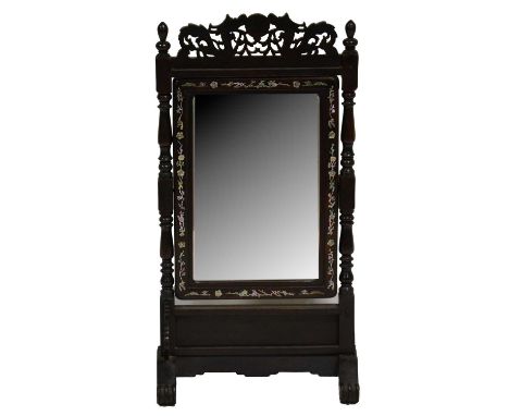 Chinese inlaid hardwood swing mirror, with embroidered panel on one side and a mirror on the other, height 67cm.Qty: 2