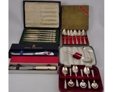 A set of six plated grapefruit spoons, another similar set of teaspoons, a similar set of fruit knives, a Royal Worcester che