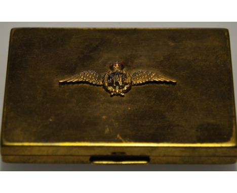 A 1950's ladies gilt metal powder compact the cover applied RAF insignia 