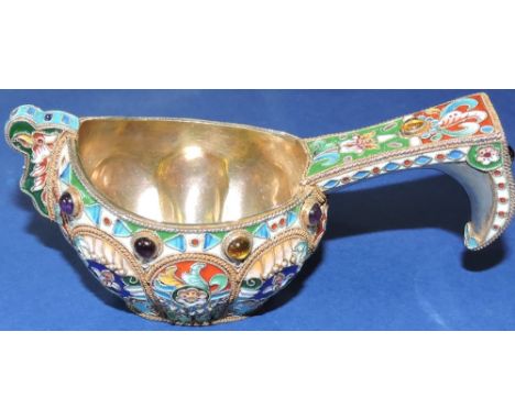 A brightly coloured enamel Russian silver Kovsh
