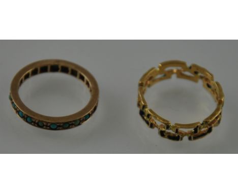 A vintage 18ct gold and enamelled ring, together with a similar gold with turquoise eternity ring