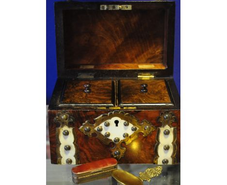A late Victorian brass mounted bur walnut domed topped tea caddy together with an agate mounted vesta and a brass caddy spoon