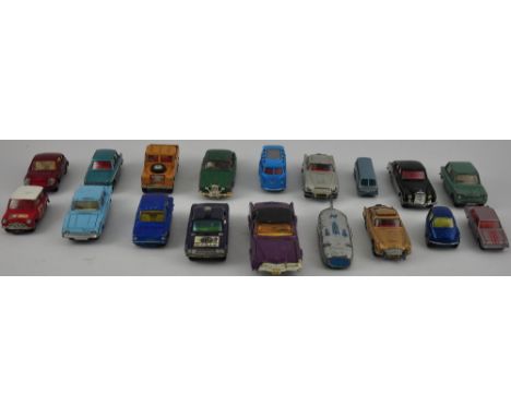 A collection of 18 unboxed die cast vehicles including a corgi BMC Mini Cooper S Sun Rally, Triang Jaguar S Type, Dinky Eldor