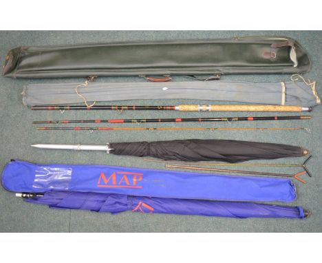 A Precision Rods 3 piece composite and cane rod "R Sealeys Match Winner", length 401cm with green leather bag, 2 rod rests an