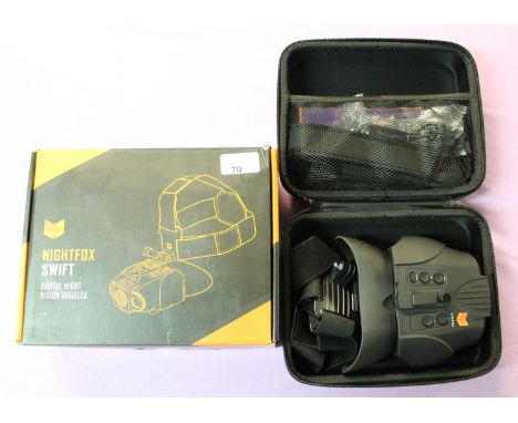 A boxed set of Nightfox Swift night vision goggles, in full working order but this item has a cracked display screen cover th