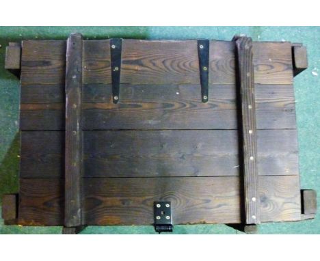 Large wooden trunk with metal hinges and locking clasp, 79cm 49cm 40cm 
