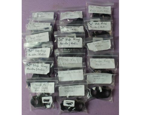 Large collection of 17 scope rings including 1 inch high ring, medium 1 inch scope rings, 30mm high rings for air rifle/rimfi