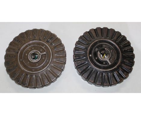 Two British circa WWII Lewis machine gun magazines (empty) central alloy both stamped 303 KM VI VII with broad arrow mark one