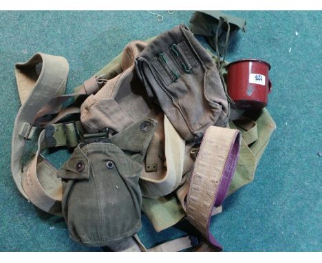 Collection of military webbing, 58 pattern including belts (2), water bottle with cup in pouch AMO pouch, webbing rucksack, s