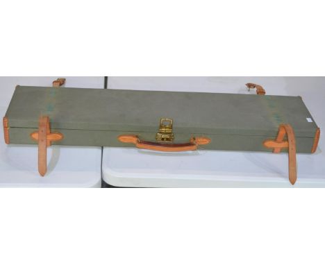 Brady rectangular light green canvas gun case with purple felt interior and leather fastening 