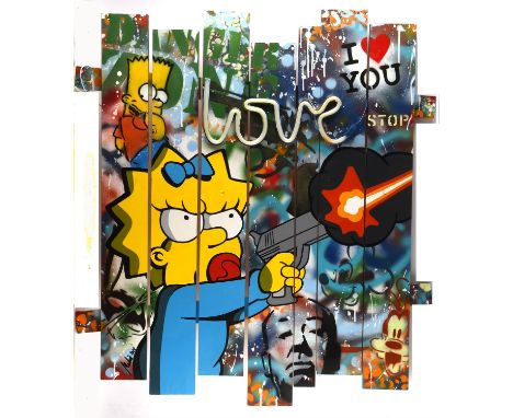 § Javier Melua (Spanish b.1961), 'Maggie', mixed media on planks with electrical neon light 'love, overall size 100 x 90cm.  
