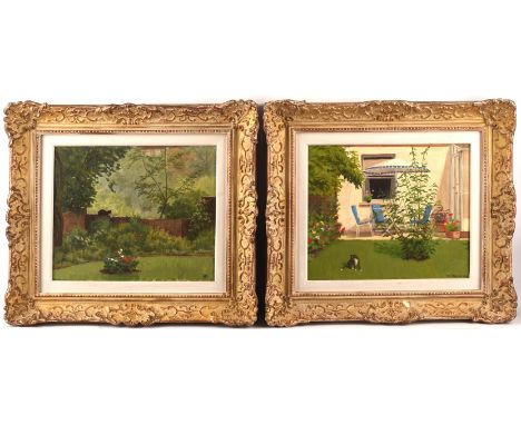 Anne Hewson (British b.1933), Garden scenes with cats, a pair, oil on canvasboard, One signed and dated 1985 lower right, the