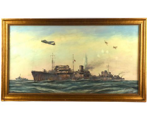 Geoff Shaw (British 1924-1992), 'Ohio on the August, 1942 Convoy to Malta, with H.M. ships Ledbury, Penn & Bramham, oil on ca