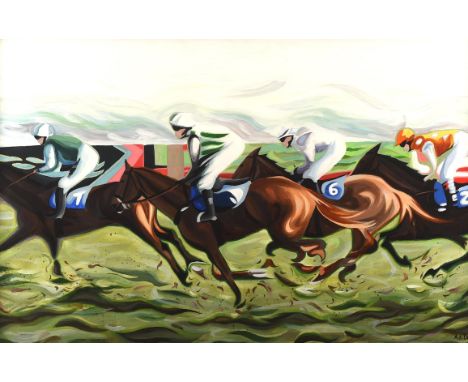 A. K. Dent (Contemporary), Horseracing, gouache, signed lower right, 47 x 74cm. Framed and glazedCondition Report:  Under gla