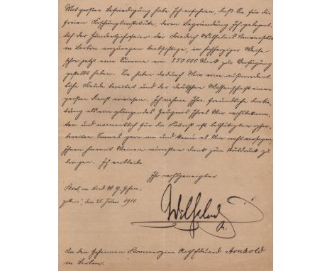 WILHELM II: (1859-1941) German Emperor &amp; King of Prussia 1888-1918. L.S., Wilhelm R, one page, 4to, Kiel ('on board the m