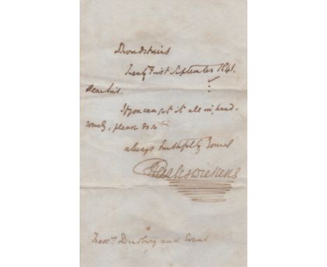 DICKENS CHARLES: (1812-1870) English Novelist. A brief A.L.S., Charles Dickens, (with paraph, in his earlier favoured brown i