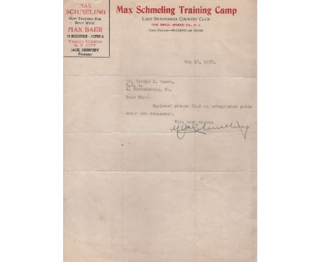 SCHMELING MAX: (1905-2005) German Boxer, World Heavyweight Champion 1930-32.A brief T.L.S., Max Schmeling, one page, 4to, Lak