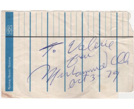 ALI MUHAMMAD: (1942-2016) American Boxer, World Heavyweight Champion. Blue ink signature and inscription ('To Valerie from Mu